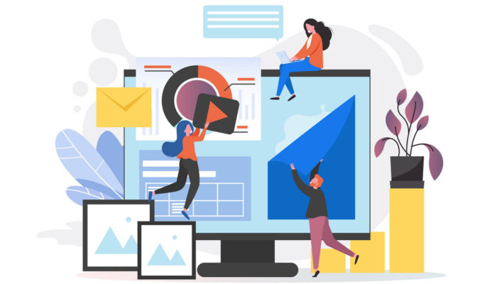 Website creation process composition with micro characters and big computer monitor, vector illustration. Web page design and development concept.